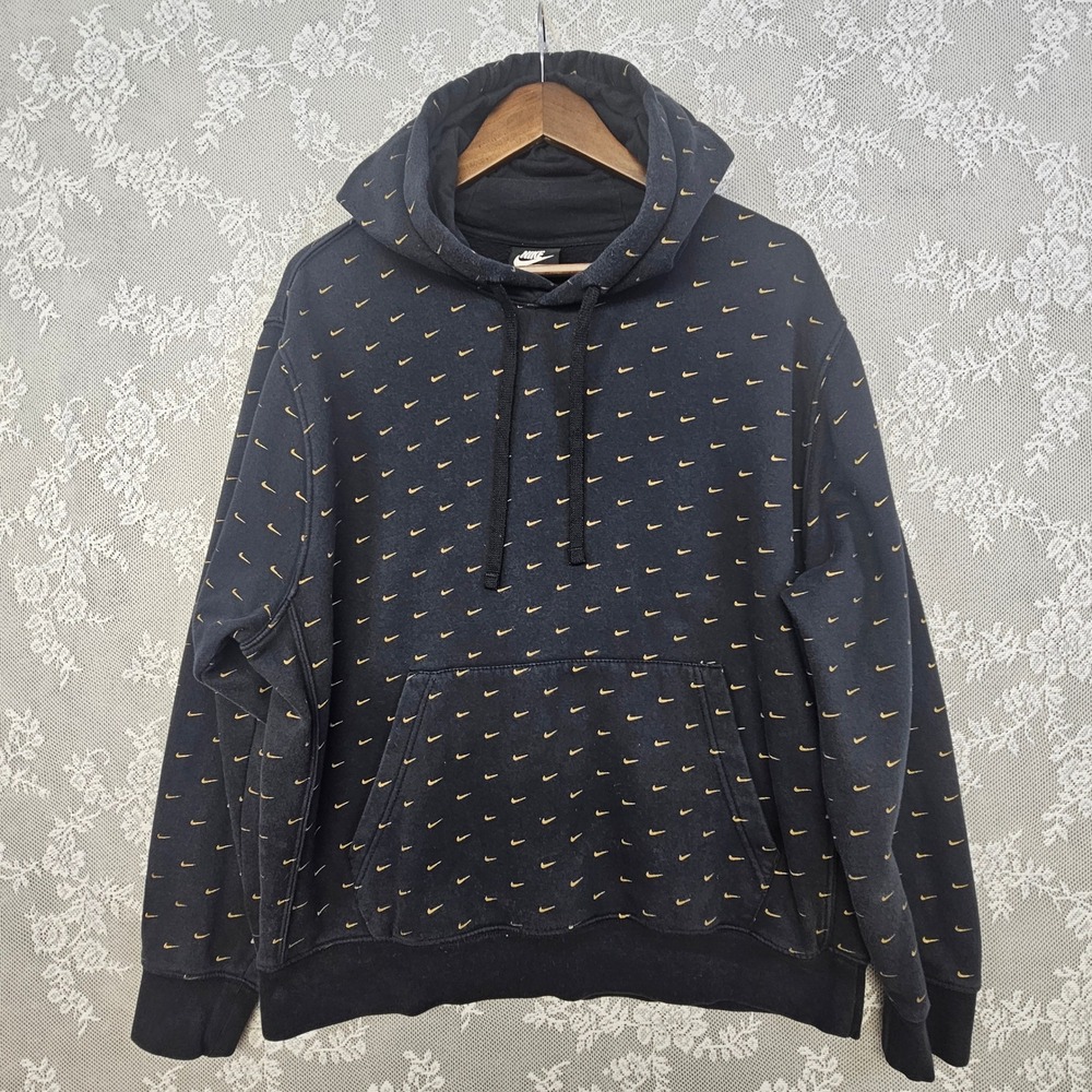 Nike Club Hoodie AOP Swoosh Black Gold Sweatshirt Mens Large Pullover Streetwear - Picture 5 of 10